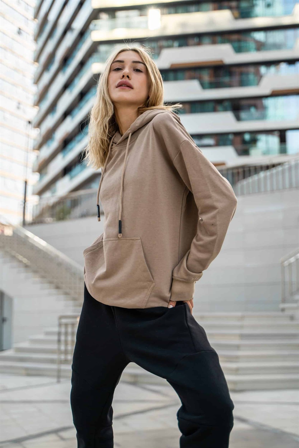 Kadın High Oversize Bej Hoodie