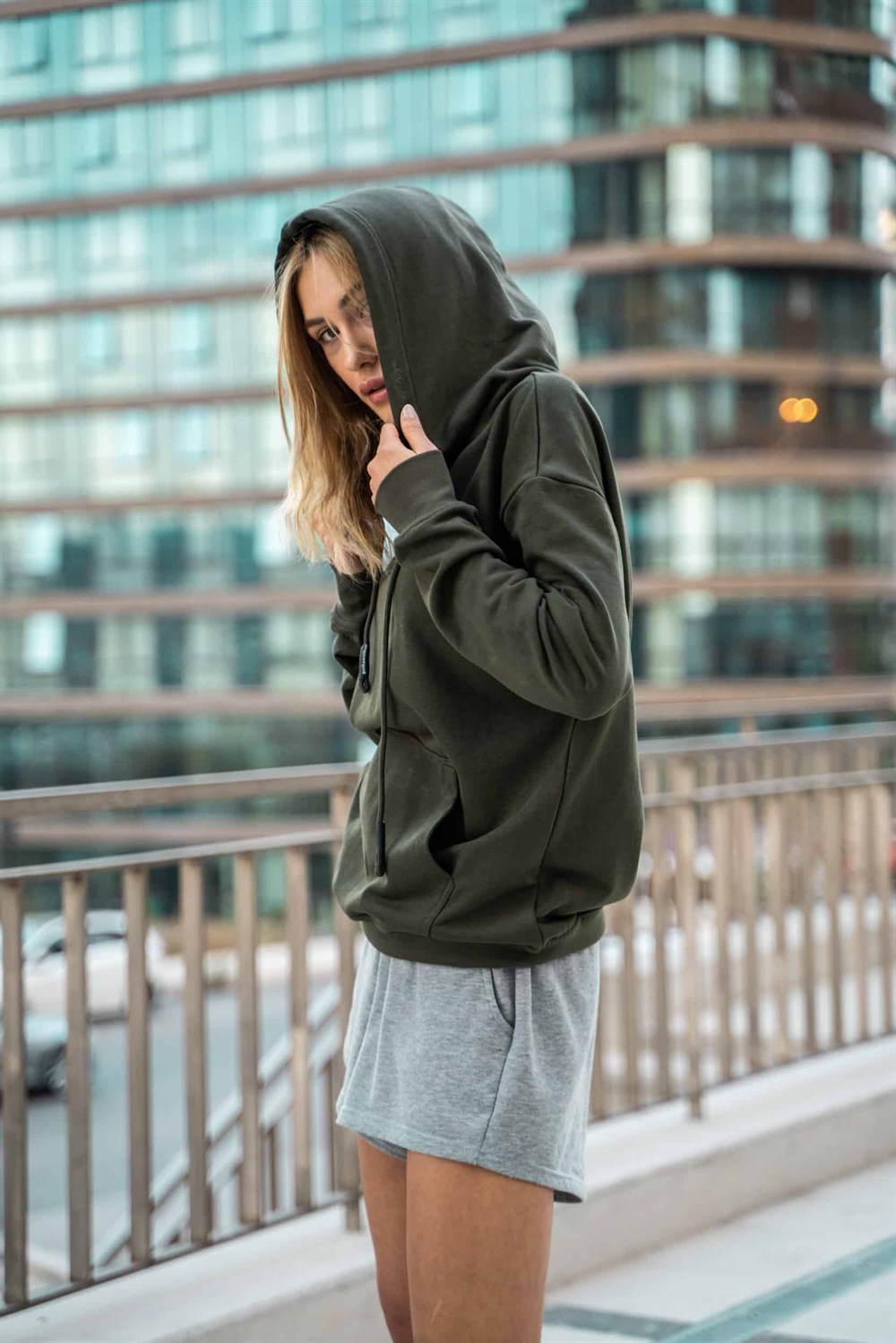 Kadın High Oversize Haki Hoodie
