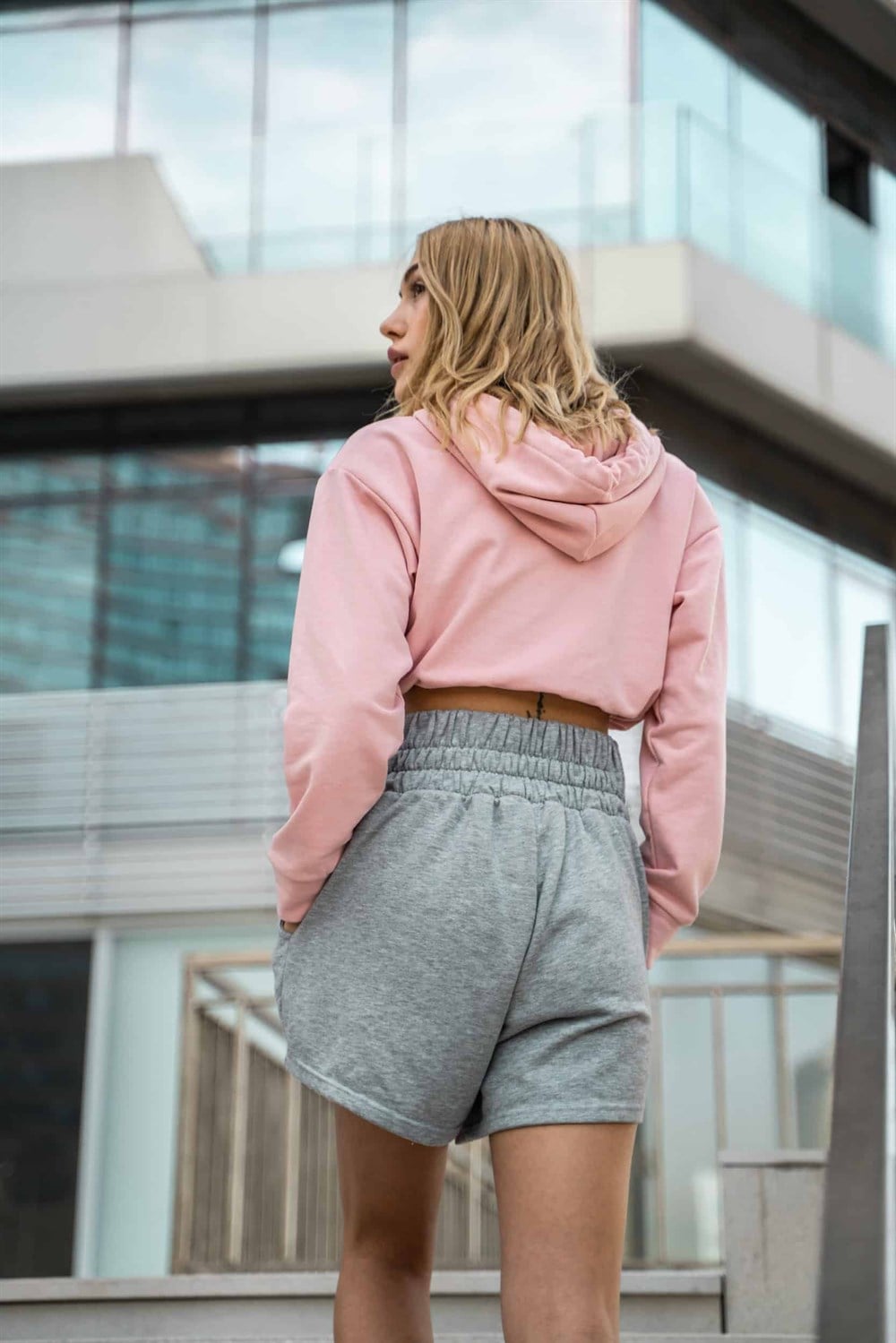 Kadın High Vatkalı Pembe Kısa Sweatshirt