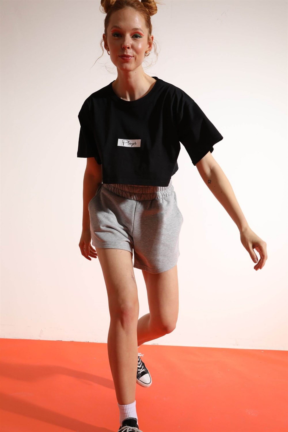Kadın Kısa Player Siyah T-Shirt