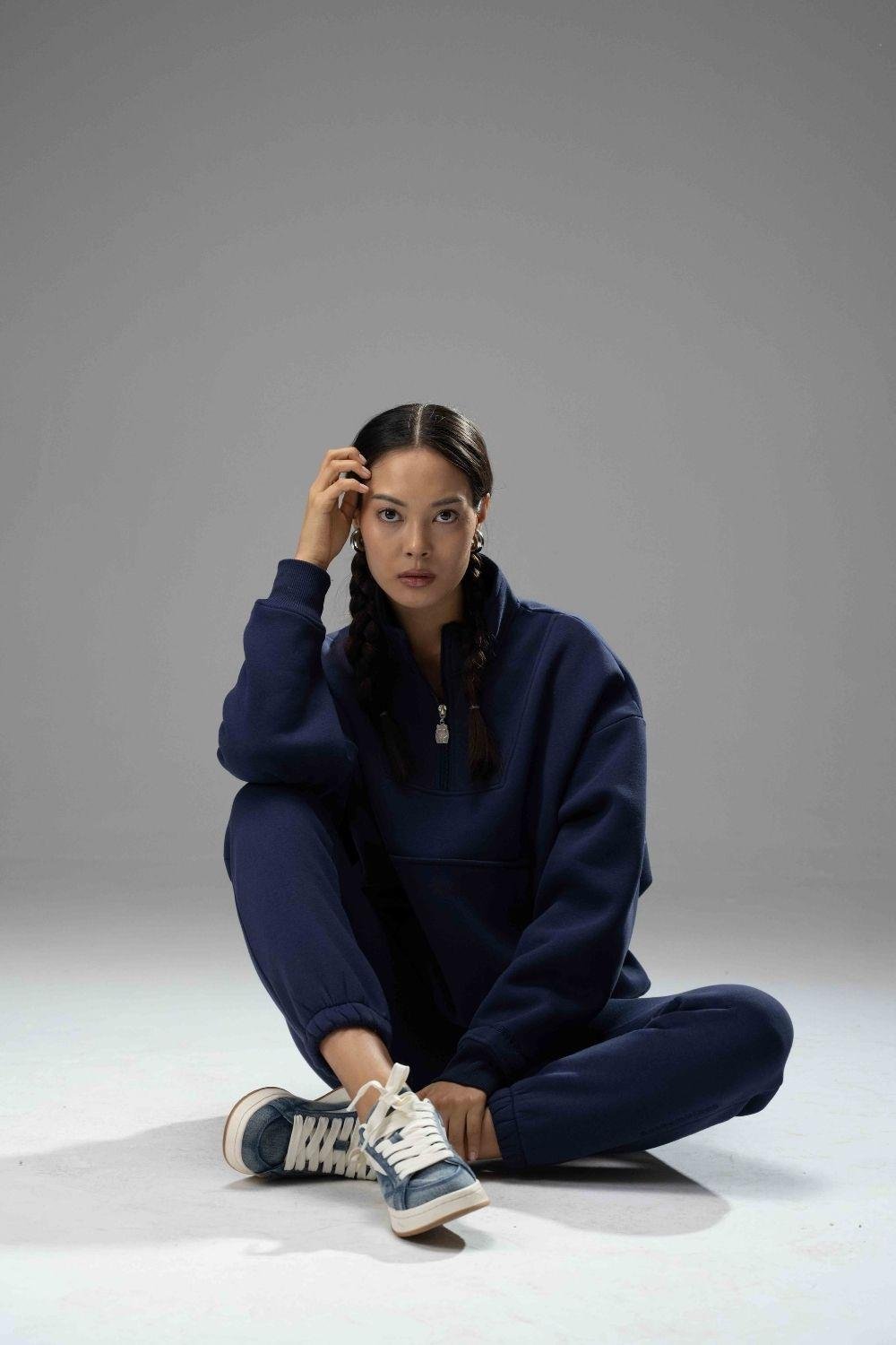 Kadın Lacivert Fermuarlı Oversize Sweatshirt