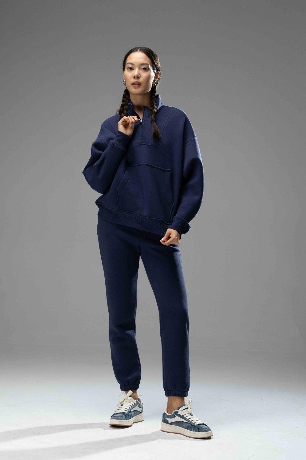 Kadın Lacivert Fermuarlı Oversize Sweatshirt