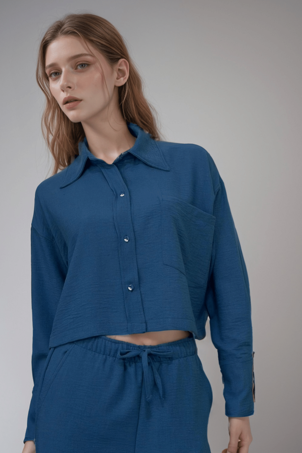 Kadın Mavi Keten Gömlek