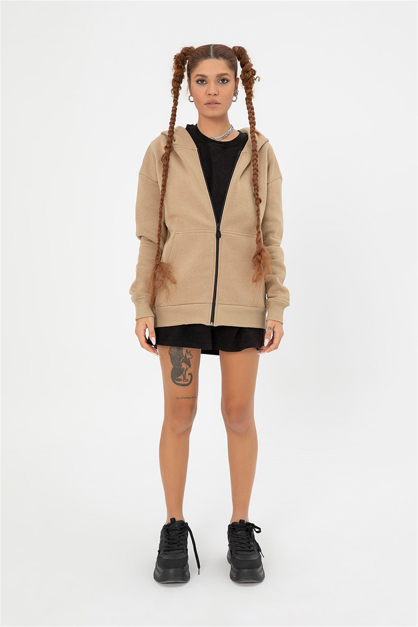 Kadın Oversize Fermuarlı Kapüşonlu Bej Sweatshirt