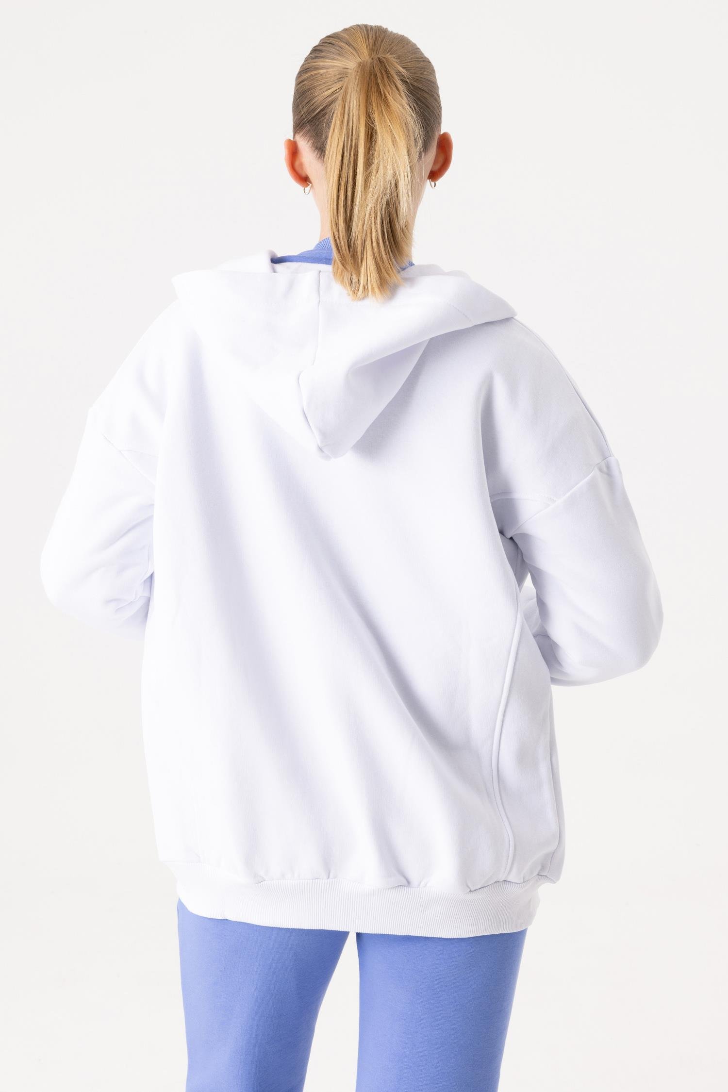 Kadın Oversize Fermuarlı Kapüşonlu Beyaz Sweatshirt