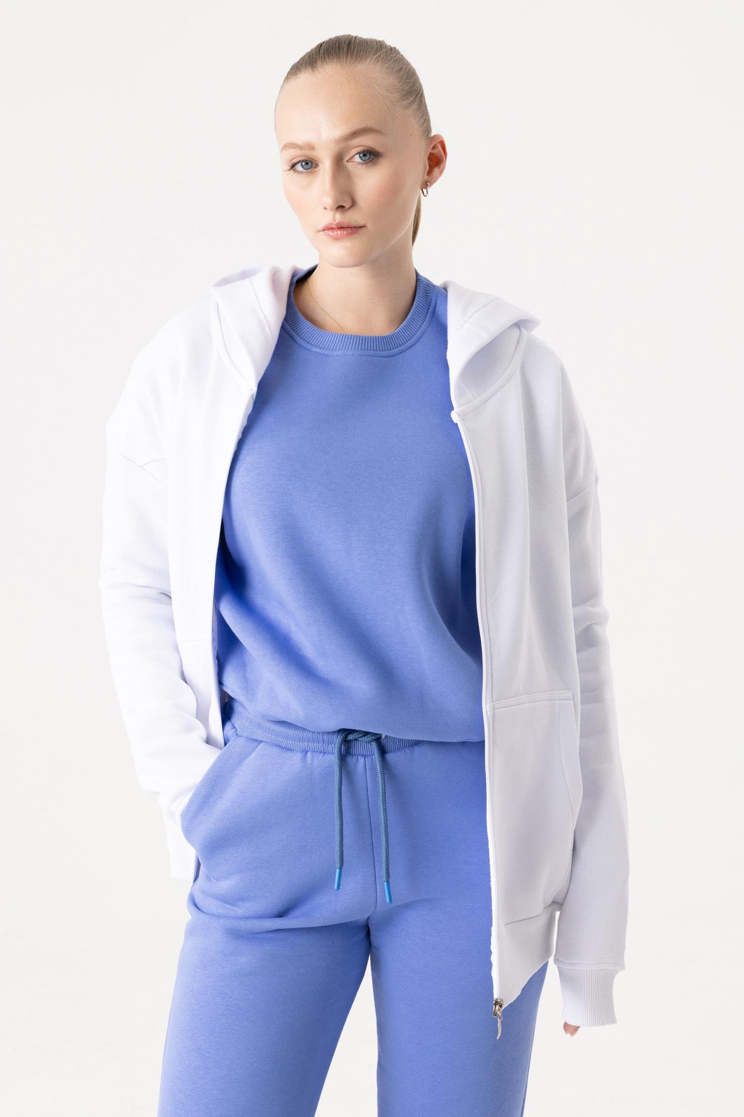 Kadın Oversize Fermuarlı Kapüşonlu Beyaz Sweatshirt