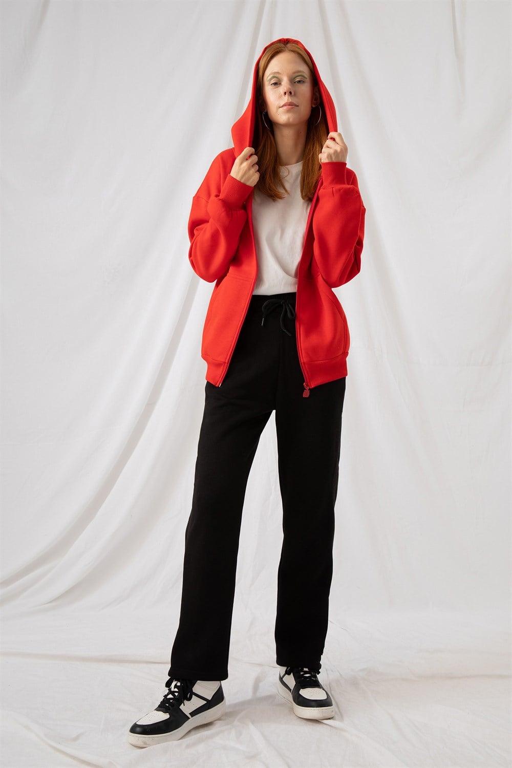 Kadın Oversize Fermuarlı Kapüşonlu Kırmızı Sweatshirt