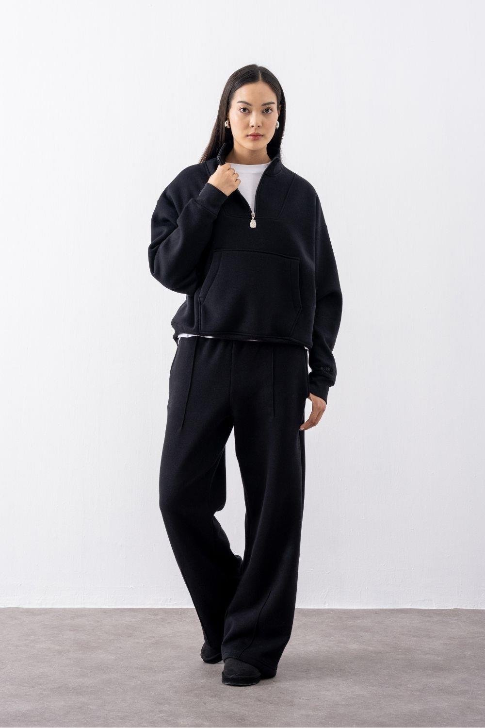 Kadın Siyah Fermuarlı Oversize Sweatshirt