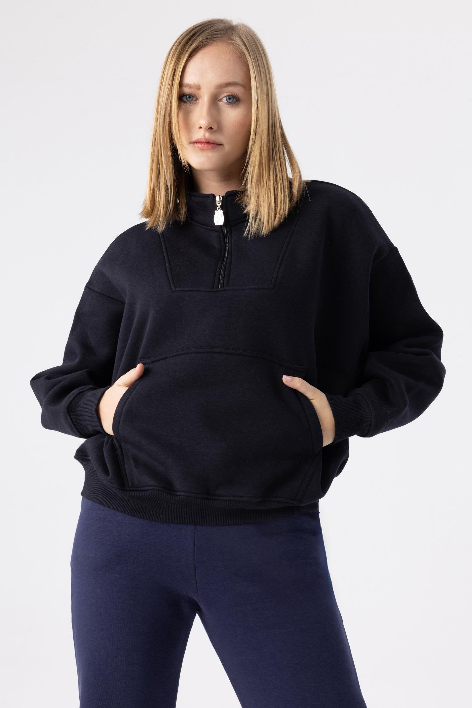 Kadın Siyah Fermuarlı Oversize Sweatshirt