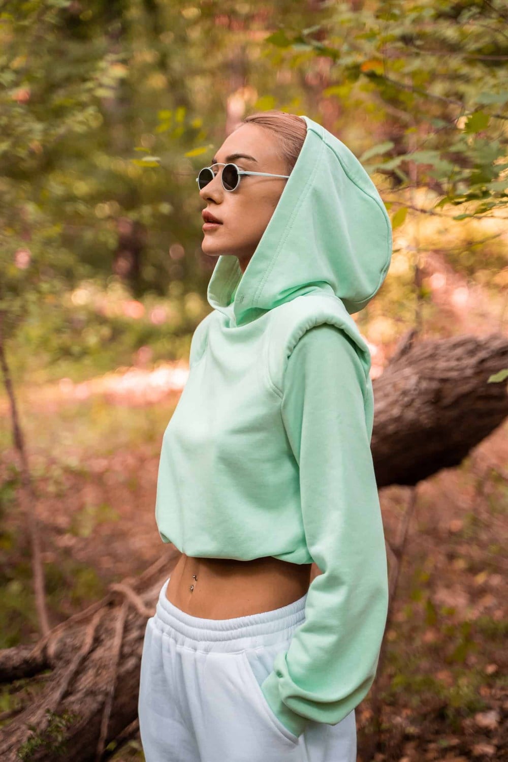 Kadın Vatkalı Kapşonlu Mint Yeşili Kısa Sweatshirt