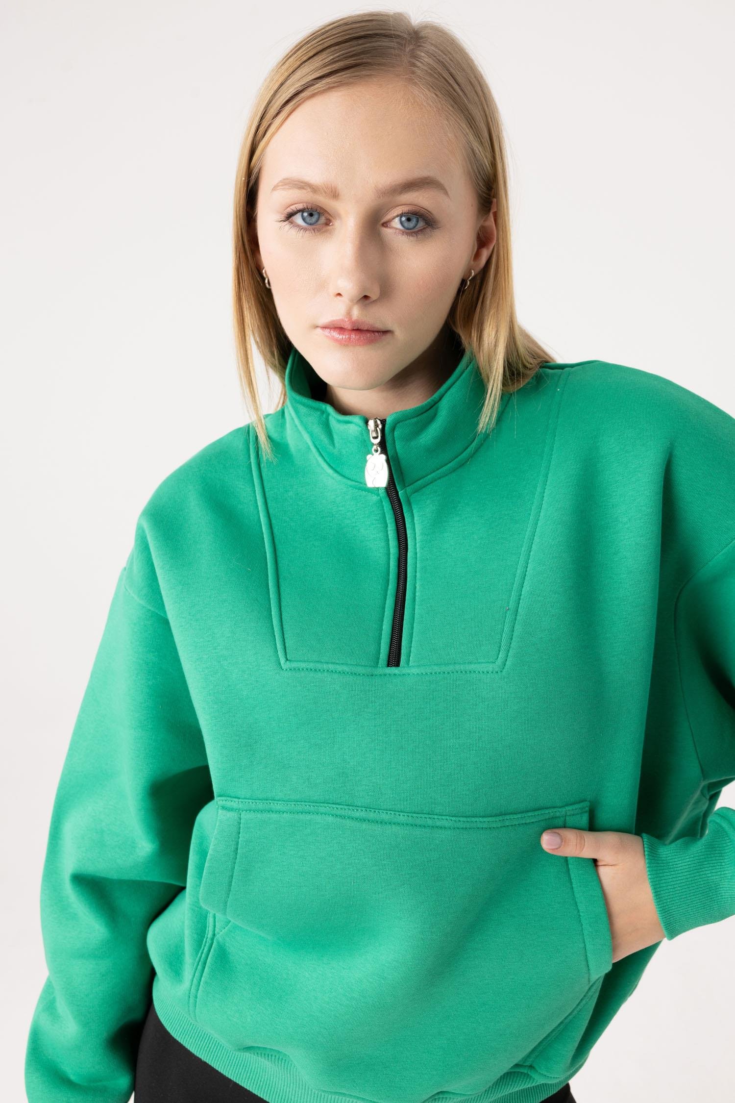 Kadın Yeşil Fermuarlı Oversize Sweatshirt