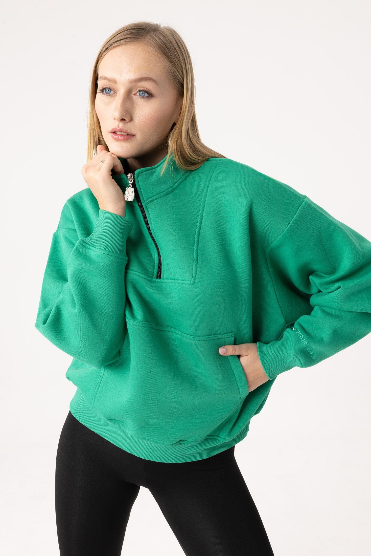 Kadın Yeşil Fermuarlı Oversize Sweatshirt