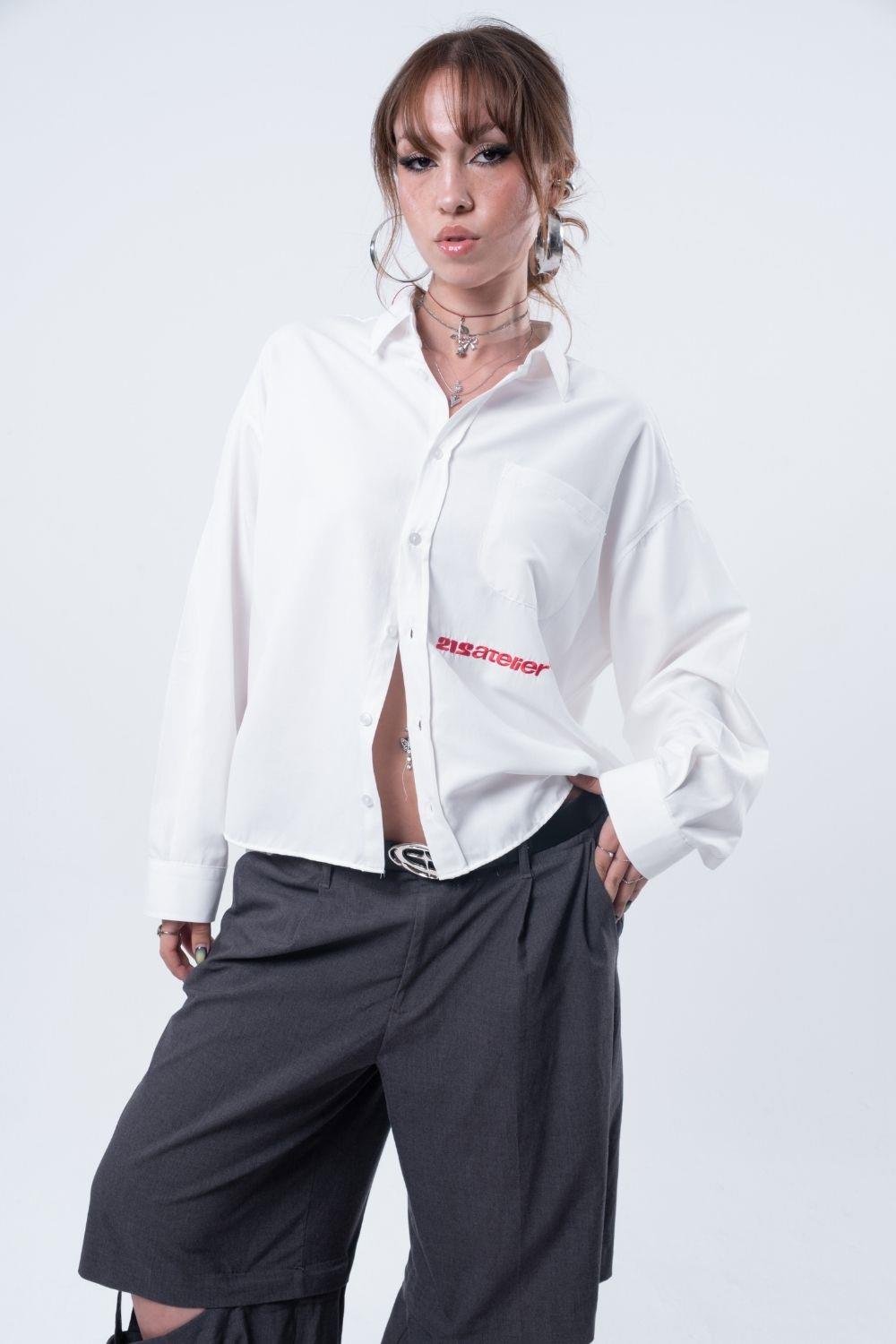 Vibes X 212 ATELİER Boxy Fit Nakışlı Kırık Beyaz Gömlek