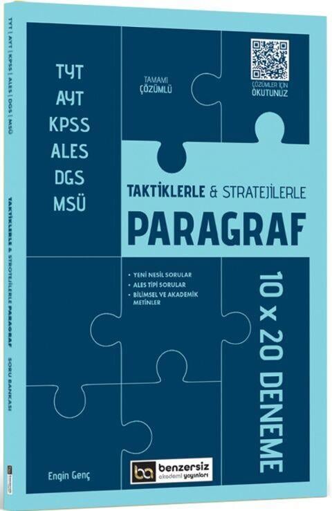 Benzersiz Akademi Yayınları TYT AYT KPSS ALES DGS MSÜ Taktiklerle ve Stratejilerle Paragraf 10 x 20 Deneme