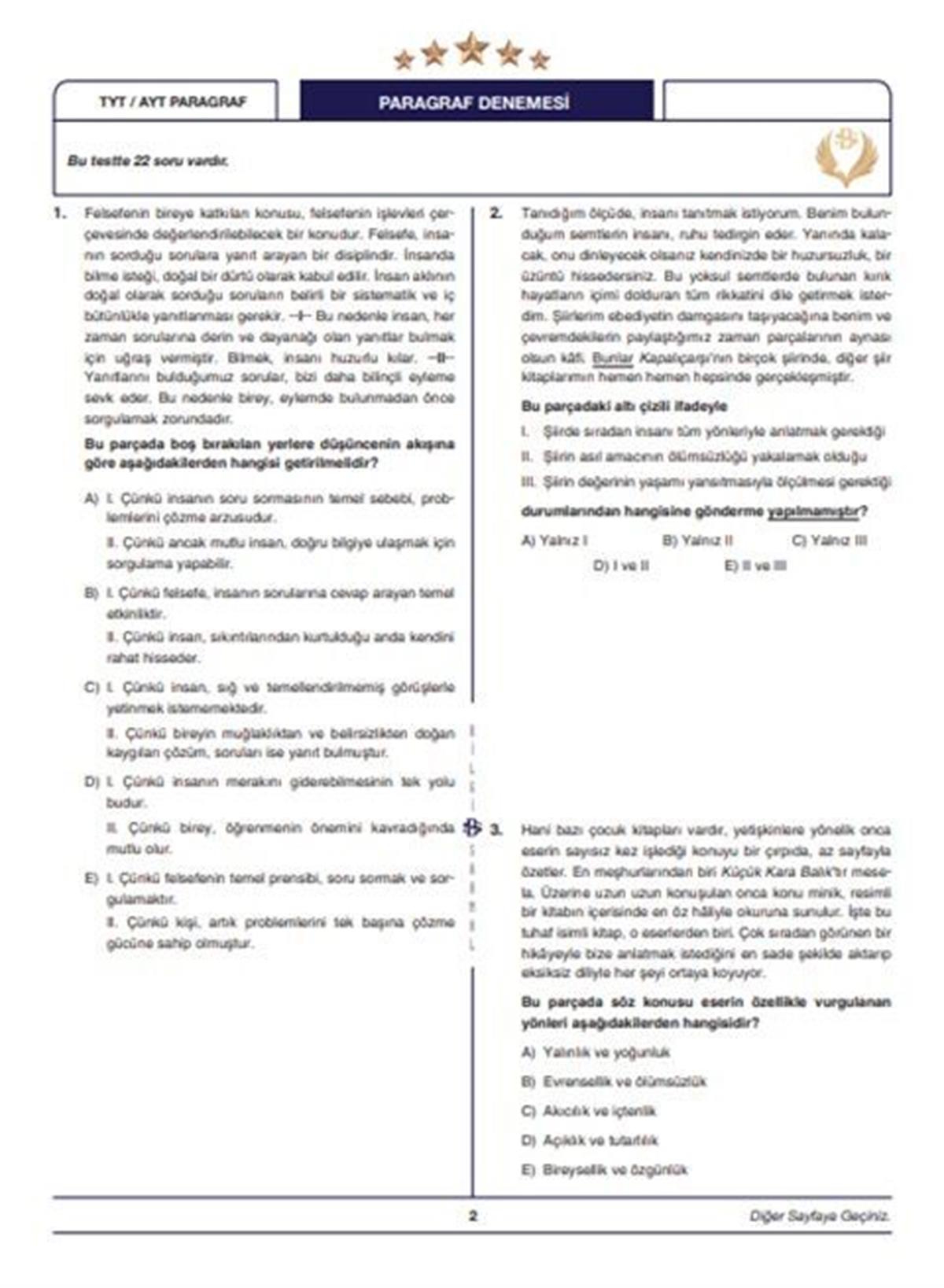 Bilgi Sarmal Yayınları TYT AYT Paragraf Yıldızlar Yarışıyor 25 li Branş Denemesi