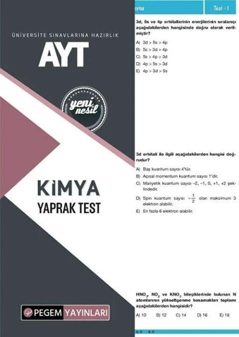 Pegem Yayınları AYT Kimya Yaprak Test