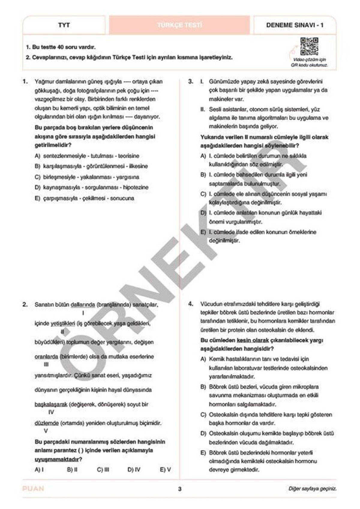 Puan Yayınları TYT 3 Deneme Gerçek Sınav Provası