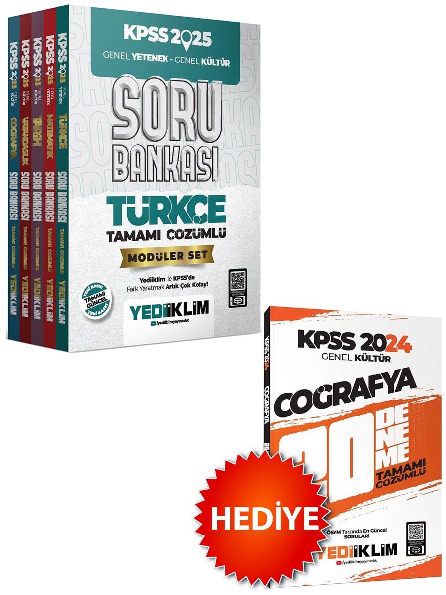 Yediiklim 2025 KPSS GY GK Tamamı Çözümlü Modüler Set Soru Bankası ve Matematik 20 Deneme Hediye