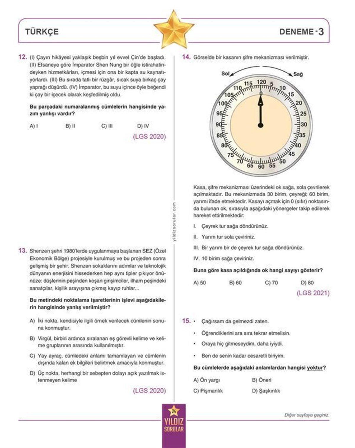 Yıldız Sorular 8. Sınıf LGS Türkçe 8 Deneme