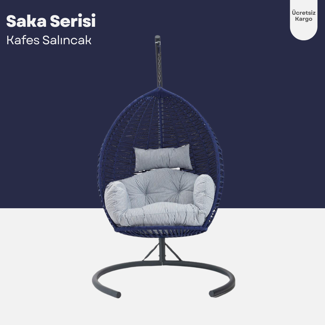 Saka Tek Kişilik Kafes Bahçe Balkon Salıncağı - Makrome: Lacivert Minder: Lacivert Çizgili Salıncaklar  Erinöz