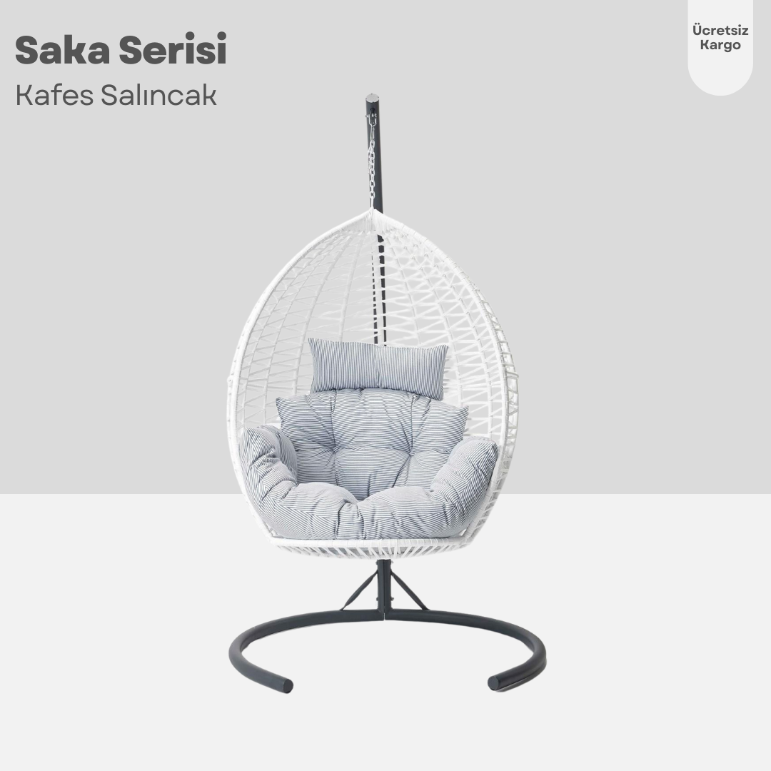 Saka Tek Kişilik Kafes Bahçe Balkon Salıncağı - Makrome: Beyaz Minder: Lacivert Çizgili Kafes Salıncaklar  Erinöz