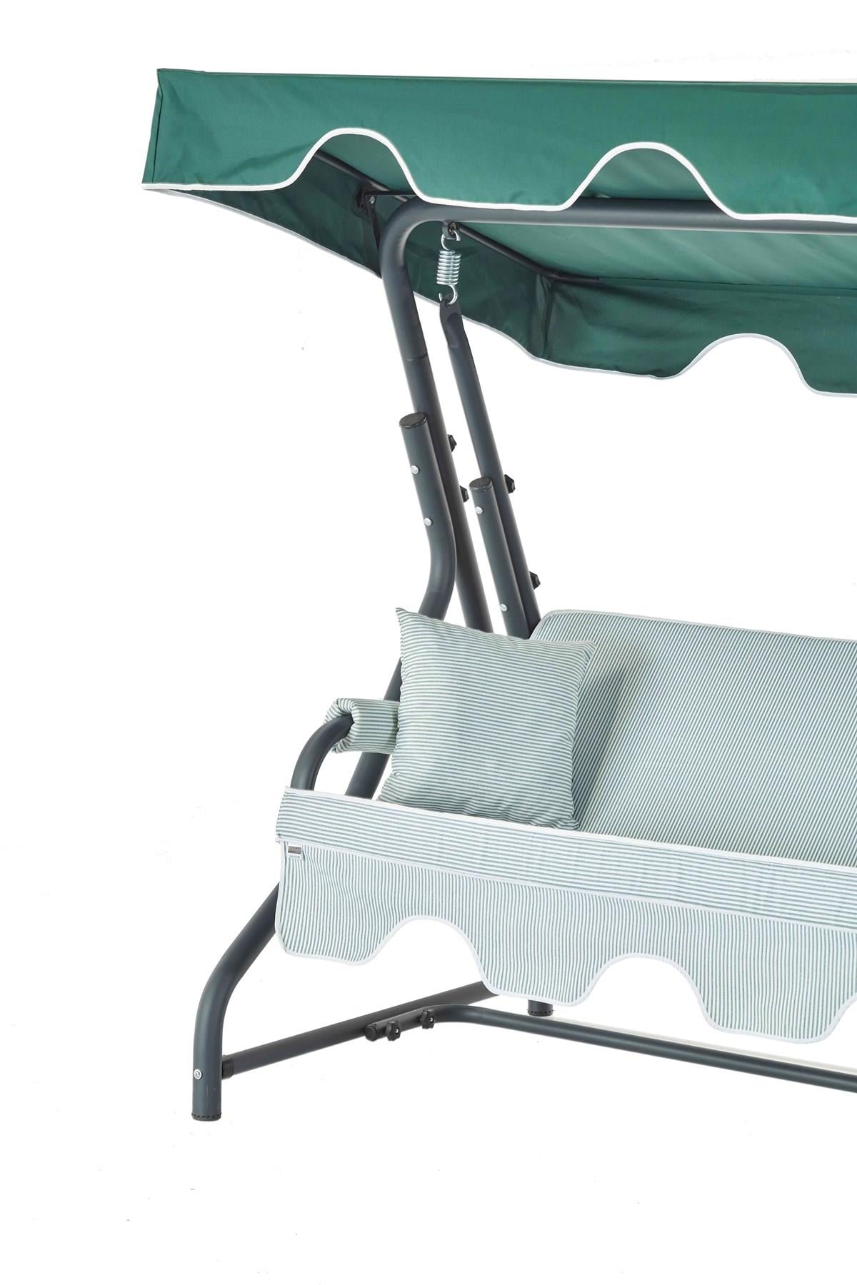 Ruta 3 Kişilik Sabit Bahçe Balkon Salıncağı - Minder: Yeşil Çizgili Tente: Yeşil Salıncaklar  Erinöz