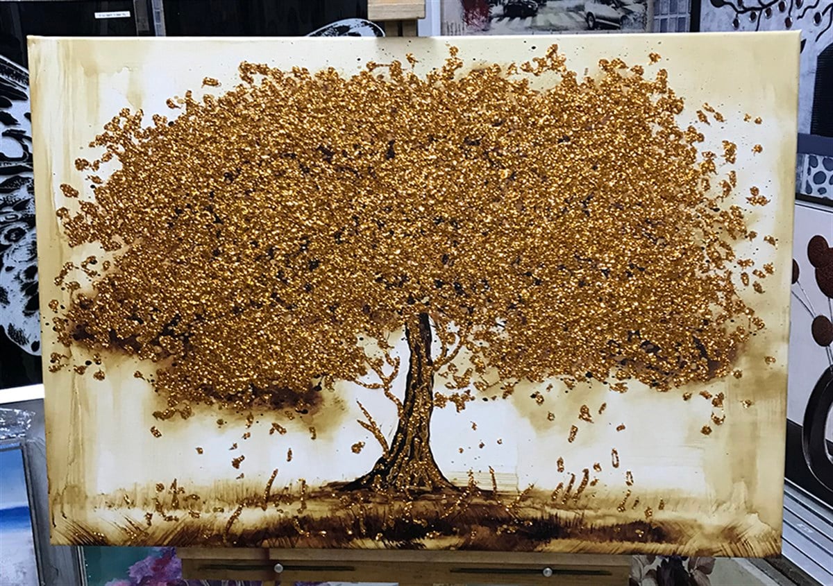 Bronz Simli Yatay Ağaç Kanvas Tablo