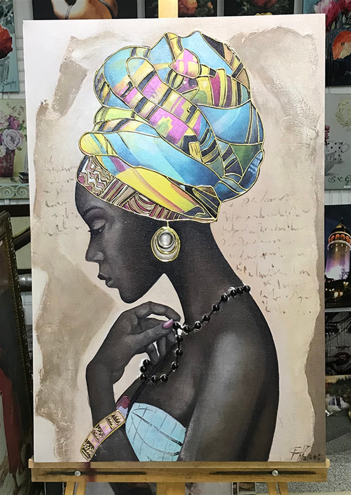 Doku Kabartmalı Tablo Siyah İnci Kolyeli Afrikalı Kadın