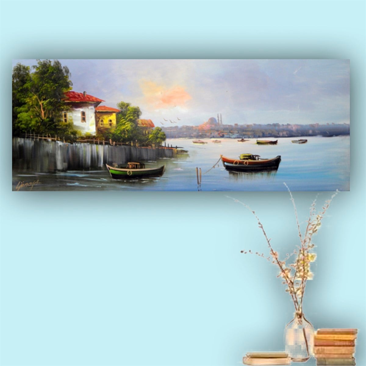 Eski İstanbul Evleri ve İki Kayıklı Kanvas Tablo Eski İstanbul Evleri ve İki Kayıklı Kanvas Tablo Kanvas Doğa Manzara Tabloları KARAHAN ÇERÇEVE ve KANVAS TABLO