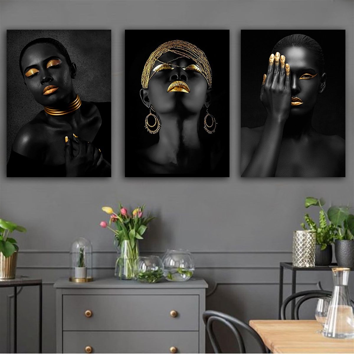 Kanvas Tablo 3 lü Afrikalı Kadın Set 76 Modern Kanvas Tablo Setleri | Modern Çerçeveli Tablo Modelleri 3 lü Kanvas Tablo KARAHAN ÇERÇEVE ve KANVAS TABLO