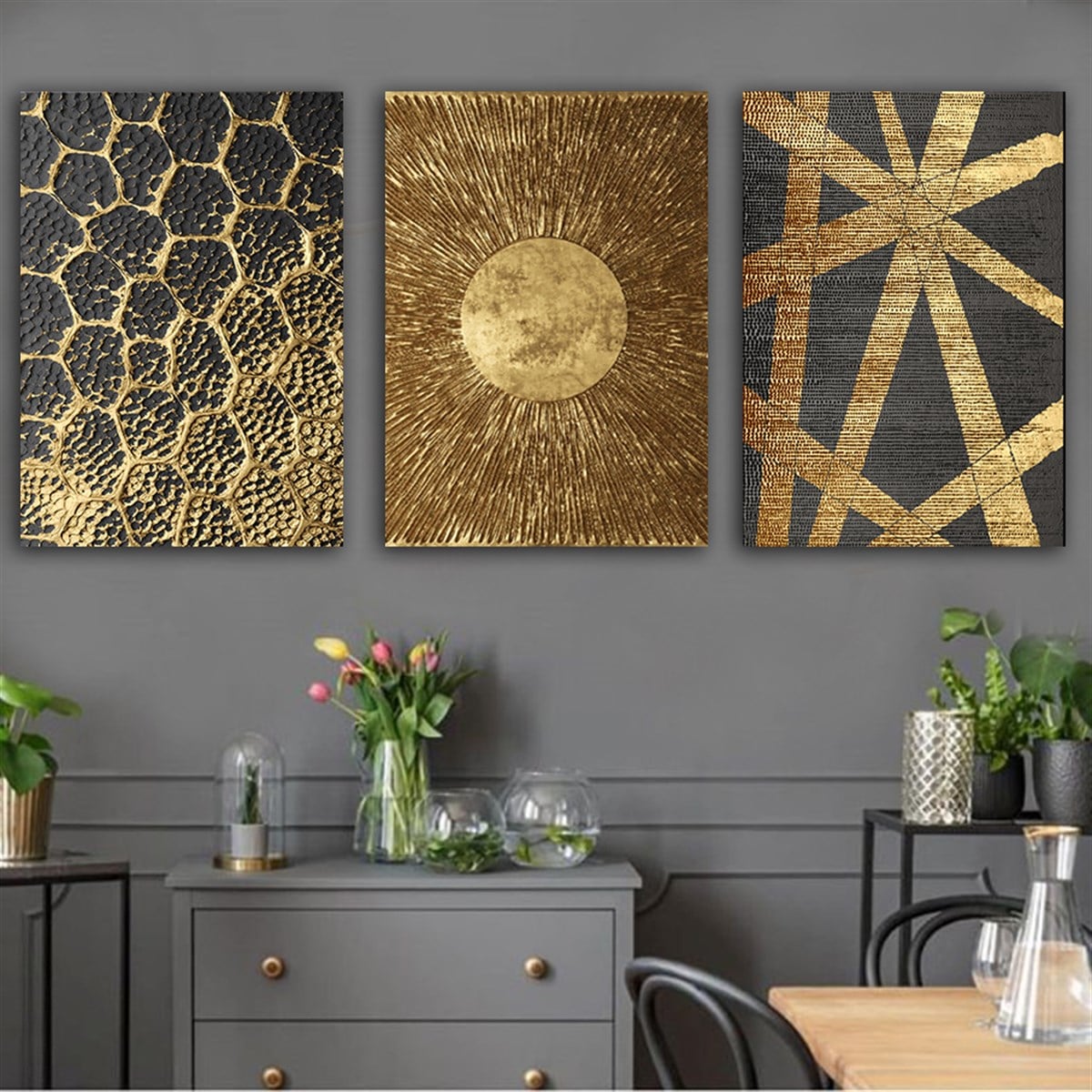 Kanvas Tablo Altın 3 lü Set 23 Soyut Kanvas Tablo Seti | Çerçeveli Modern Tablo Modelleri 3 lü Kanvas Tablo KARAHAN ÇERÇEVE ve KANVAS TABLO
