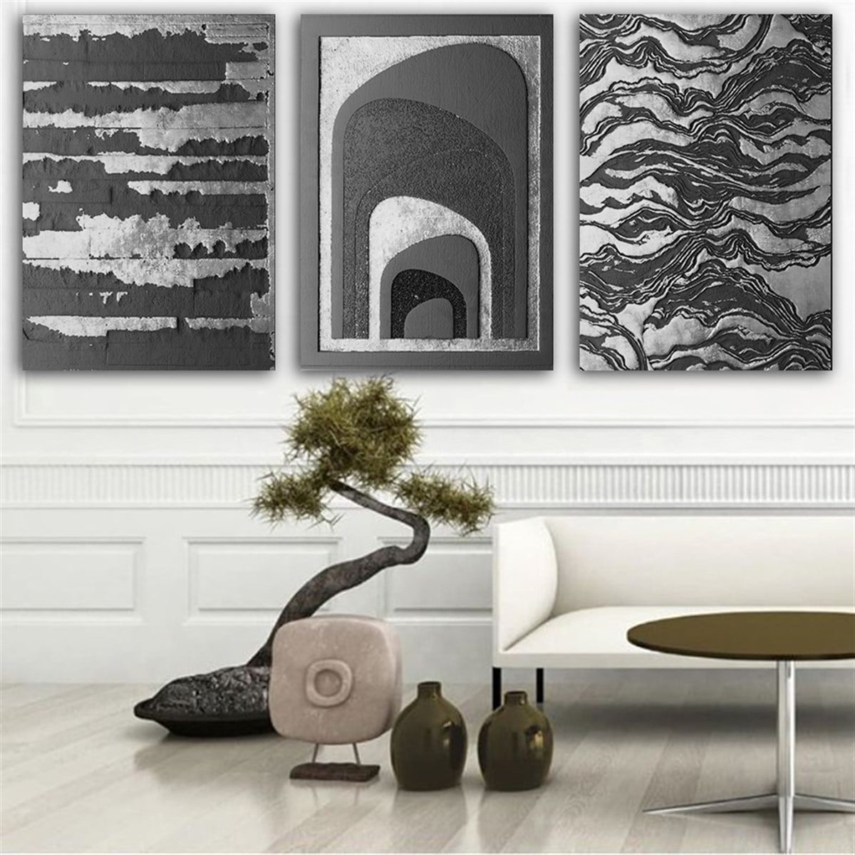Kanvas Tablo Gümüş 3 lü Set 11 Soyut Kanvas Tablo Setleri | Çerçeveli Modern Tablo Modelleri 3 lü Kanvas Tablo KARAHAN ÇERÇEVE ve KANVAS TABLO