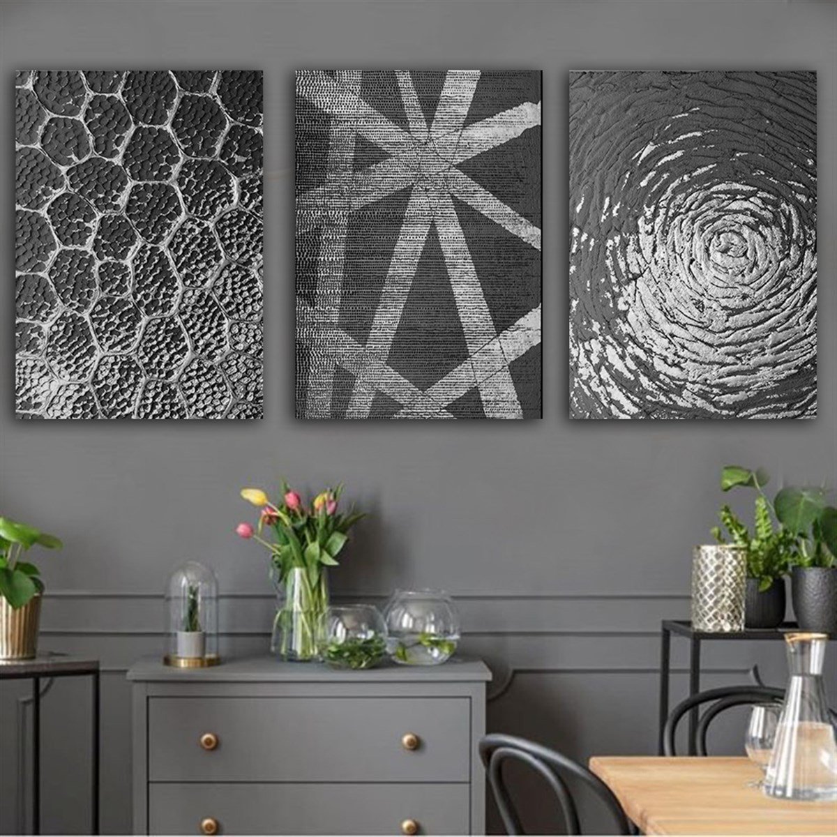 Kanvas Tablo Gümüş 3 lü Set 20 Soyut Kanvas Tablo Seti | Çerçeveli Modern Tablo Modelleri 3 lü Kanvas Tablo KARAHAN ÇERÇEVE ve KANVAS TABLO