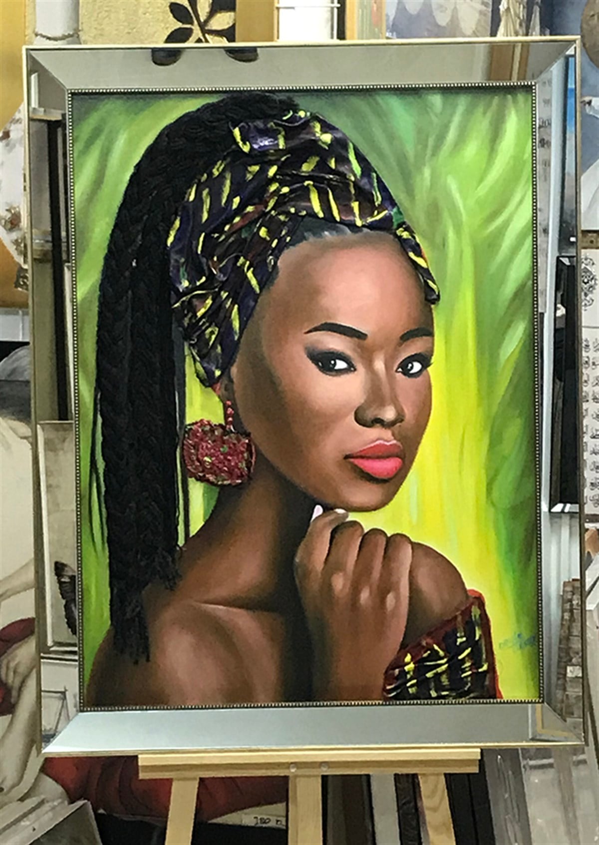 Yağlı Boya Dokulu Kumaş Kabartmalı Tablo Örme Saçlı Afrikalı Kız