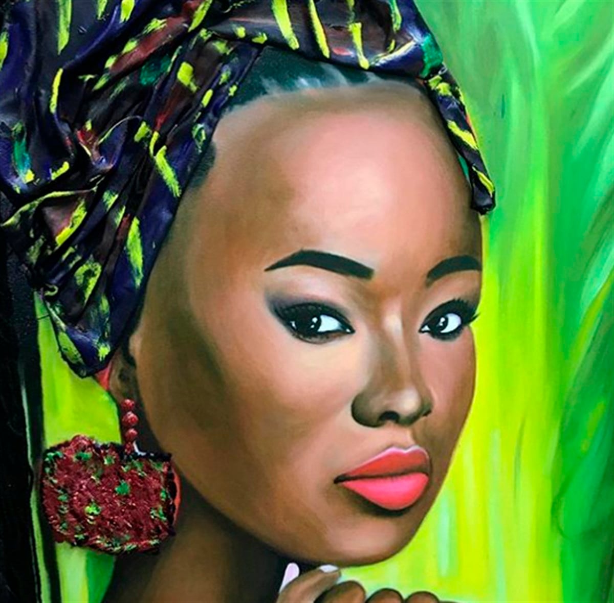 Yağlı Boya Dokulu Kumaş Kabartmalı Tablo Örme Saçlı Afrikalı Kız