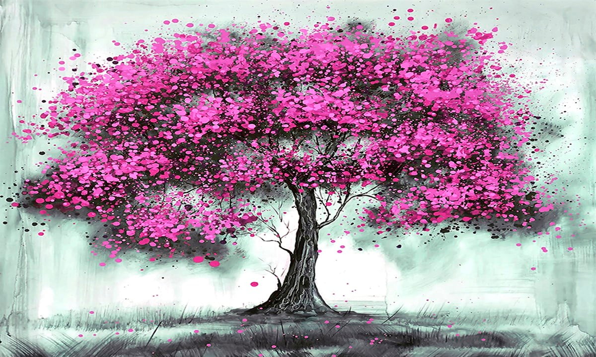 Yatay Pembe Ağaç Kanvas Tablo
