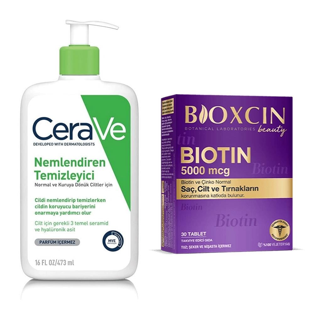 CeraVe Nemlendiren Temizleyici 473 ml - Normal ve Kuruya Dönük Ciltler İçin + Bioxcin Biotin 5000 mcg 30 Tablet