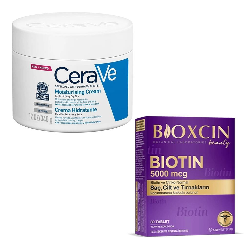 CeraVe Nemlendirici Krem 340 ml (Kuru ve Çok Kuru Ciltler) + Bioxcin Biotin 5000 mcg 30 Tablet