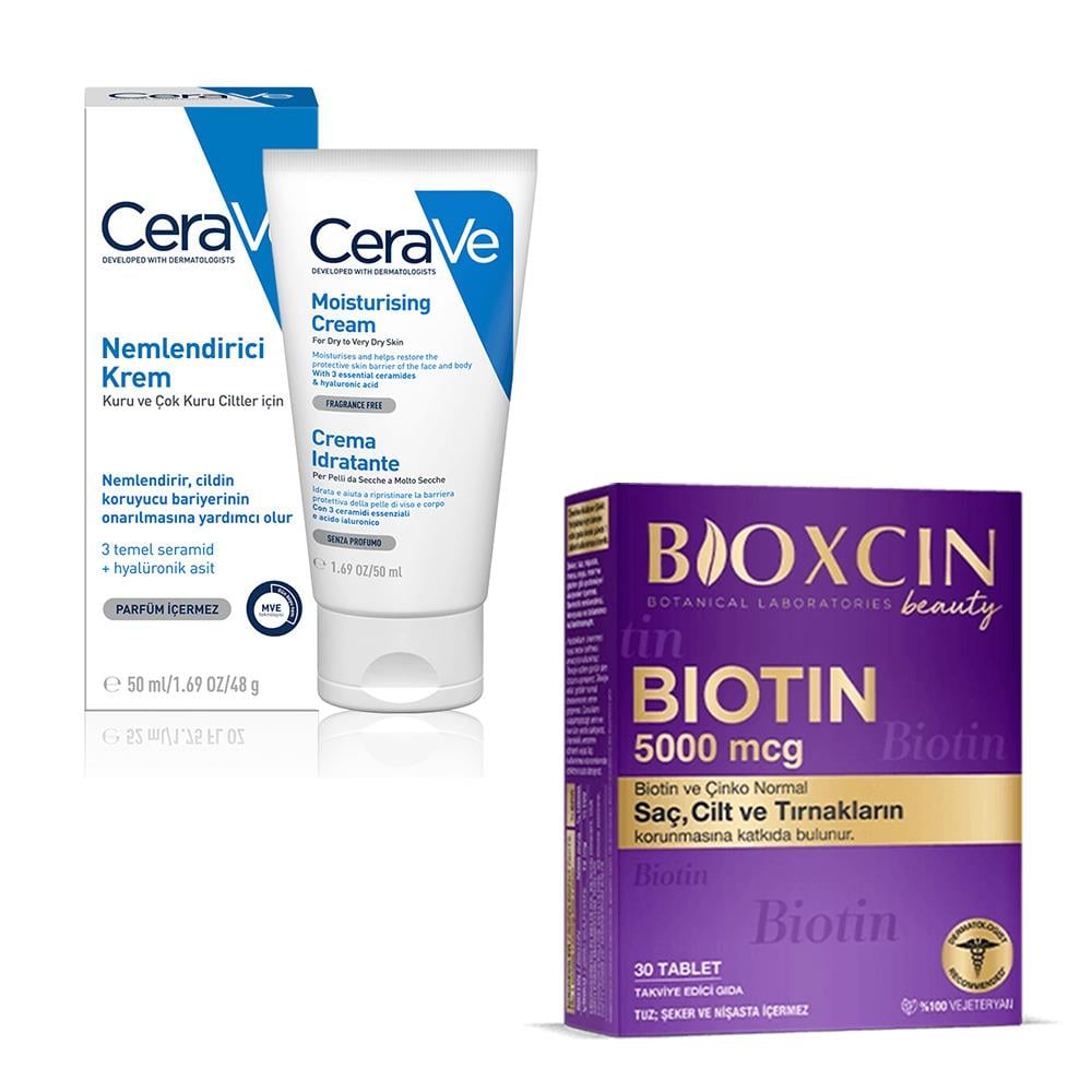 CeraVe Nemlendirici Krem 50 ml (Kuru ve Çok Kuru Ciltler) + Bioxcin Biotin 5000 mcg 30 Tablet