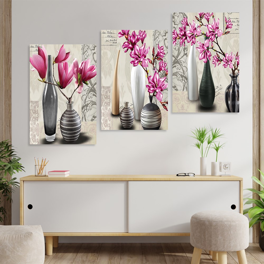 Saksılı Pembe Çiçekler Tablo Seti 