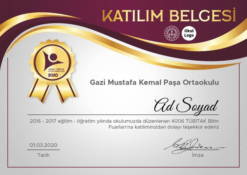 Tübitak Bilim Fuarı Katılım Belgesi BFKB 10