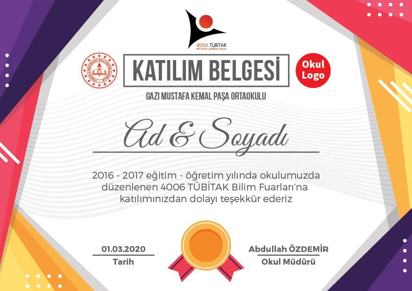Tübitak Bilim Fuarı Katılım Belgesi BFKB 11