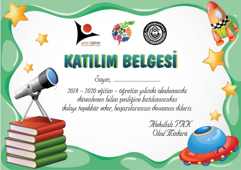 Tübitak Bilim Fuarı Katılım Belgesi BFKB 03