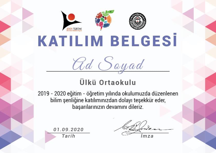 Tübitak Bilim Fuarı Katılım Belgesi BFKB 02