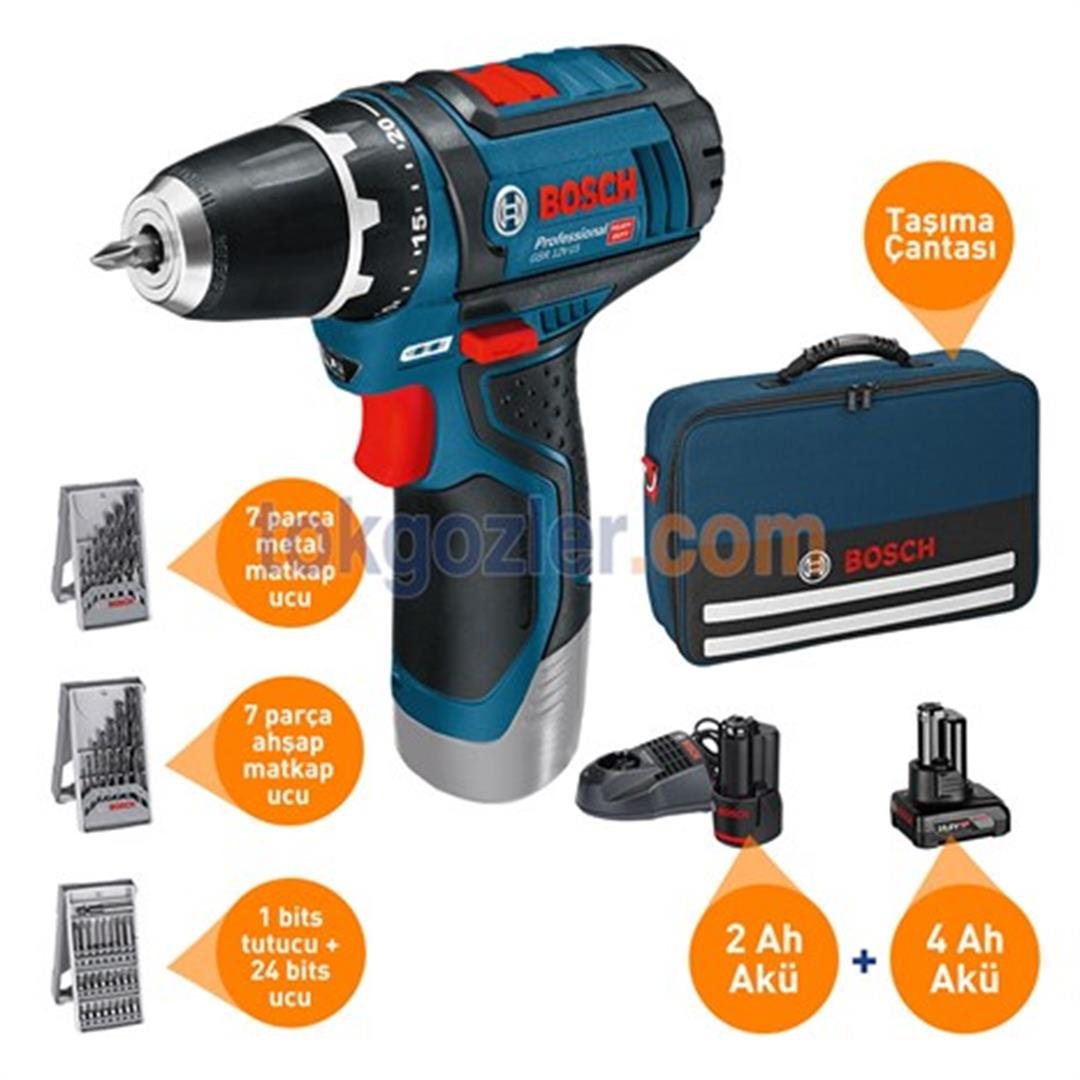 Bosch GSR 12V-15 Profesyonel 2 Ah ve 4 Ah Çift Akülü Taşıma Çantalı Vidalama