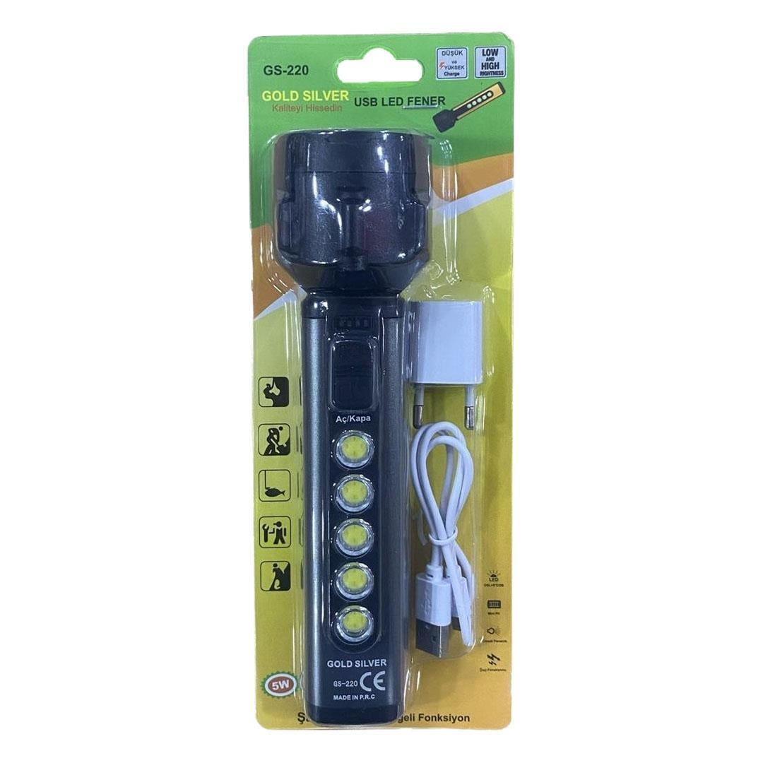 Gold Silver GS-220 2 Modlu 5W LED USB Şarjlı El Feneri