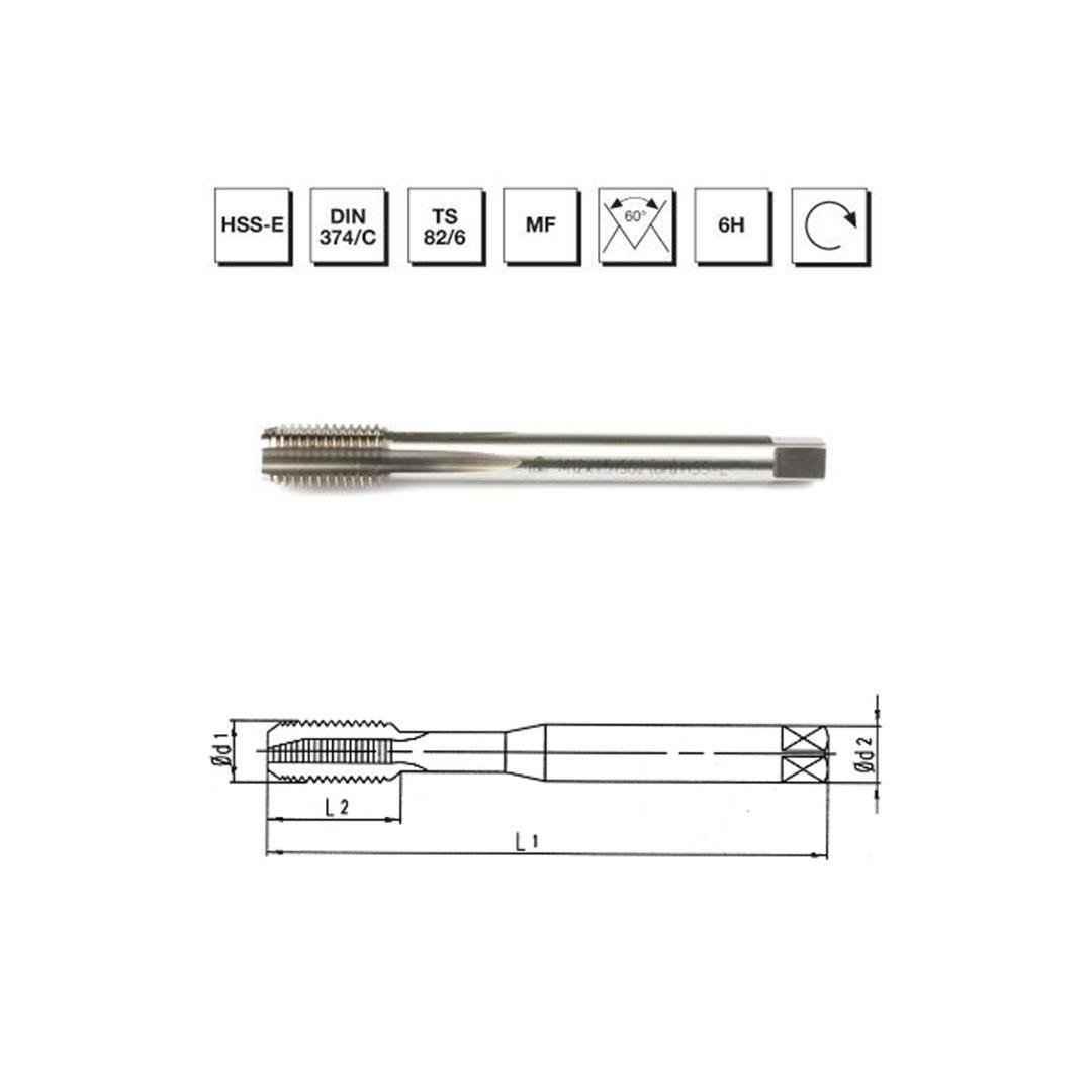 MTE Makina Takım M10x1.25 HSS - E DIN 374/C Metrik İnce Vidalı Düz Kanallı Makina Kılavuzu - B00105751000