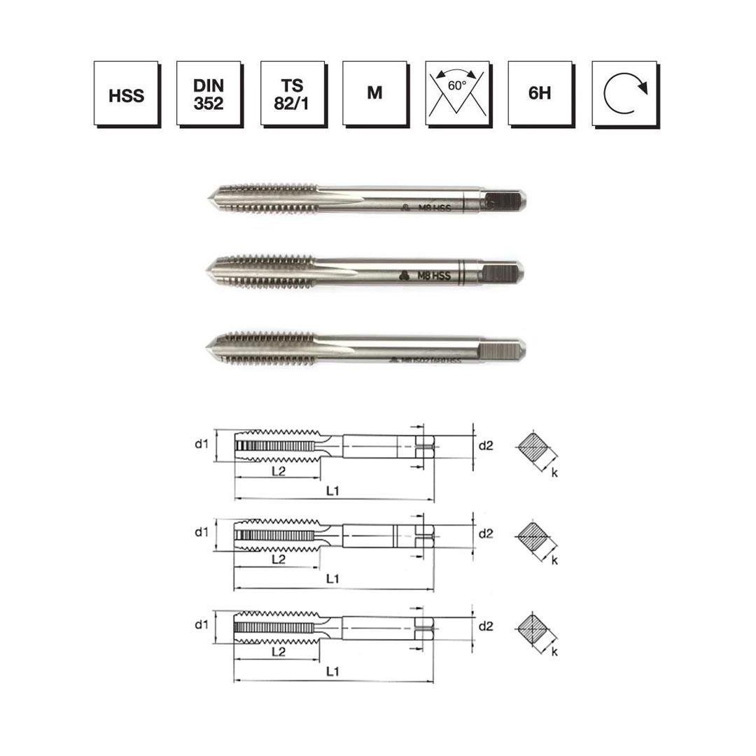 MTE Makina Takım M6 HSS DIN 352 Metrik Normal Vidalı 3'lü Takım Kılavuzu (El Kılavuzu) - B00100040600