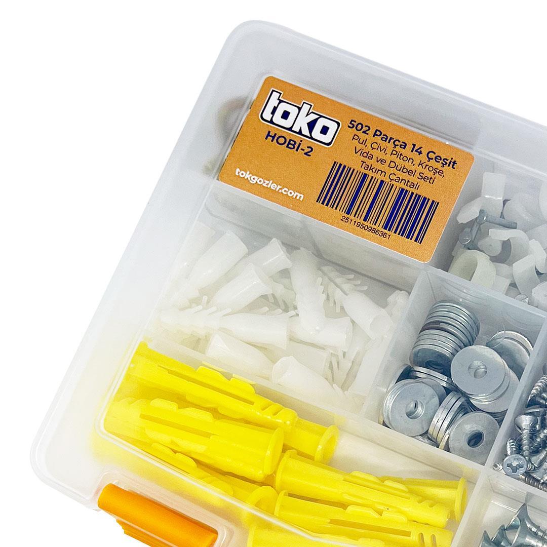 Toko Hobi-2 502 Parça 14 Çeşit, Pul, Çivi, Piton, Kroşe, Vida ve Dübel Seti, Takım Çantalı