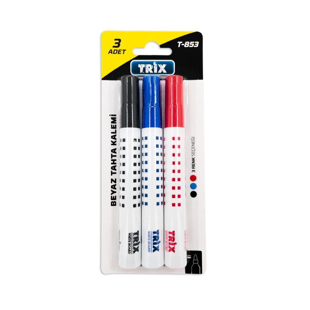 Trix T-853 Blisterli Beyaz Tahta Kalemi 3'lü Paket (Siyah, Mavi, Kırmızı)